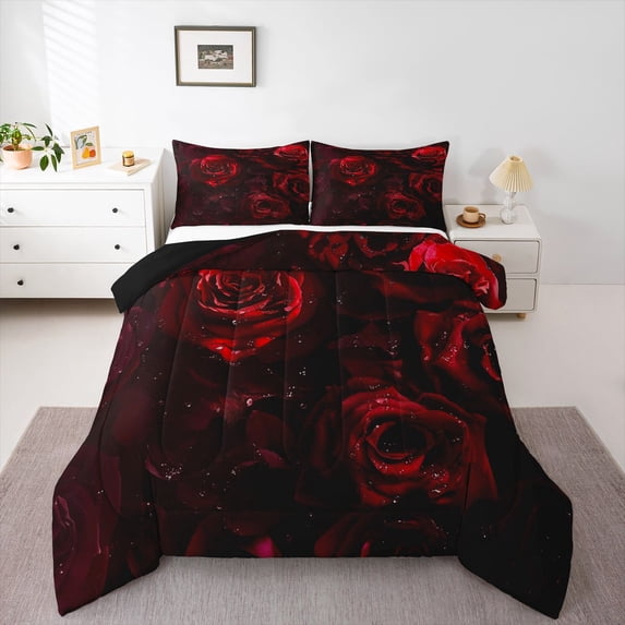 Castle Fairy Boys Girls Floral Red Rose 3 Pieces Queen Comforter Set,Romantic Valentine's Day Ultra Soft Bedding Sets,Exotic Style Bedding Comforter Set Breathable,Luxury Bedroom Decor,Reversible