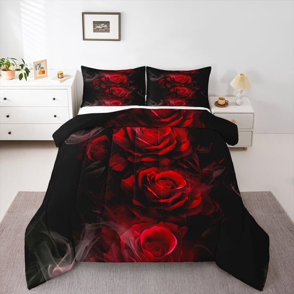 Castle Fairy Boys Girls Floral Red Rose Bedding Comforter Set 2pcs,Chic Flowers Twin Comforter Sets Microfiber,Black Red Breathable Bedding Set,Luxury Bedroom Decor,Reversible