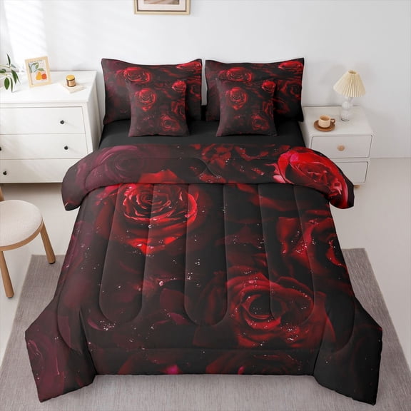 Castle Fairy Boys Girls Floral Red Rose Bedding Comforter Set 7-Piece,Romantic Valentine's Day King Bedding Sets,Exotic Style Ultra Soft Bed Sheets,Luxury Bedroom Decor,Reversible