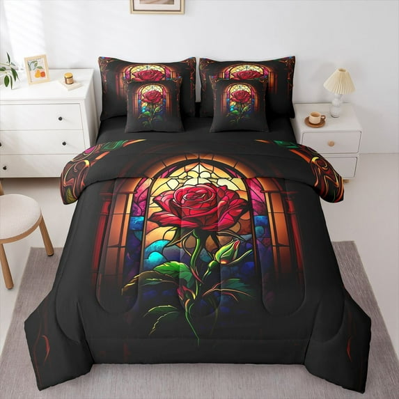 Castle Fairy Boys Girls Floral Red Rose Bedding Comforter Set 7pcs,Exotic Style Queen Bedding Sets Super Cozy,Retro Vintage Queen Sheet Sets,Luxury Bedroom Decor,Reversible