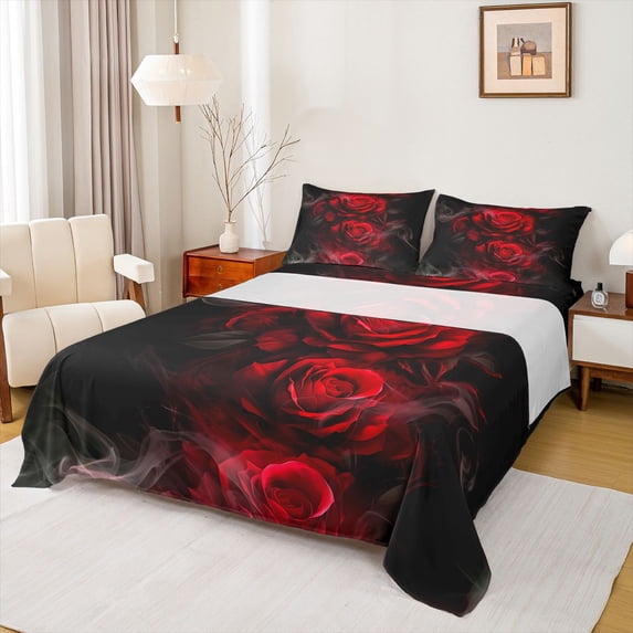 Castle Fairy Boys Girls Floral Red Rose Full Size Sheets 4-Piece,Chic Flowers Breathable Bed Sheets,Black Red Lightweight Sheet Sets,Luxury Bedroom Decor