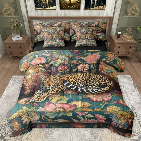 Castle Fairy Boys Girls Flowers Safari Leopard Twin Bedding Sets 7-Piece,Chic Floral Animal Cheetah Bedding Comforter Set Microfiber,Retro Vintage Aesthetic Breathable Sheet Sets