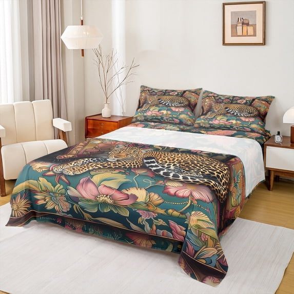 Castle Fairy Boys Girls Flowers Safari Leopard Twin Sheet Sets 3pcs,Chic Floral Animal Cheetah Twin Fitted Sheet Microfiber,Retro Vintage Aesthetic Breathable Flat Sheet,Microfiber Bedroom Decor