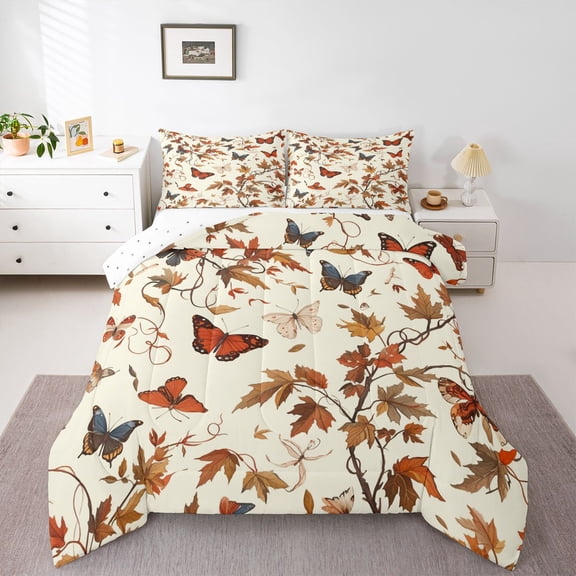 Castle Fairy Boys Girls Flying Butterflies 3 Pieces Queen Comforter Set,Vintage Retro Aesthetic Ultra Soft Bedding Sets,Botanical Tree Leaves Bedding Comforter Set Breathable