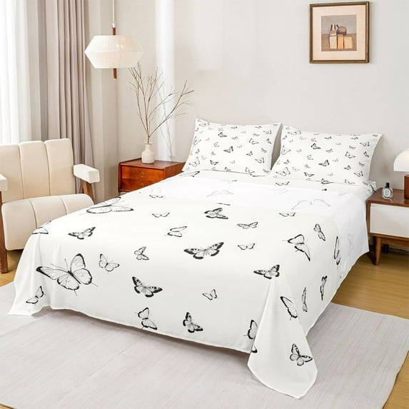 Castle Fairy Boys Girls Flying Butterflies 4pcs Bed Sheets,Black White King Sheets,Spring Garden Super Cozy Sheet Set,Breathable Home Decor