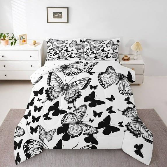 Castle Fairy 2-Piece Twin Size Comforter Set, Black and White Flying Butterflies Print