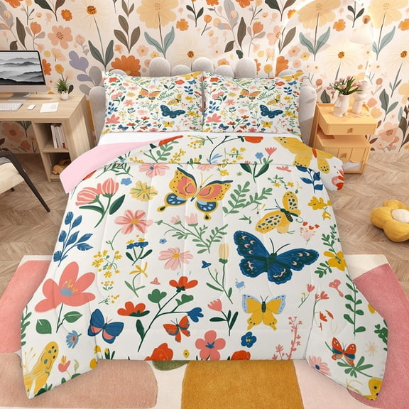 Castle Fairy Boys Girls Flying Butterflies Bedding Comforter Set 2pcs,Chic Floral Flowers Twin Comforter Sets Microfiber,Spring Garden Breathable Bedding Set,Microfiber Bedroom Decor,Reversible