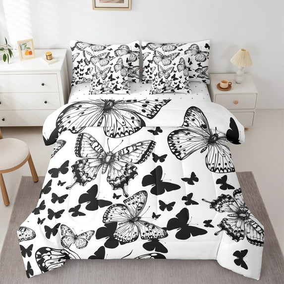 Castle Fairy Boys Girls Flying Butterflies Bedding Comforter Set 7-Piece,Black White King Bedding Sets,Vintage Aesthetic Ultra Soft Bed Sheets,Lightweight Room Decor,Reversible