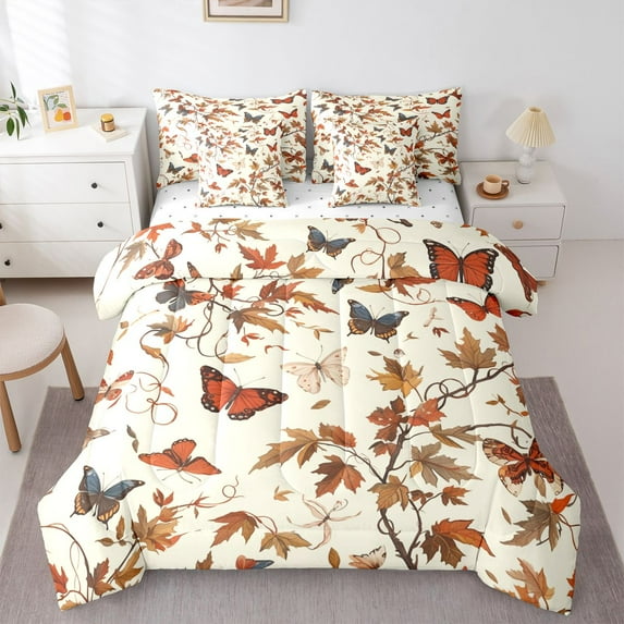 Castle Fairy Boys Girls Flying Butterflies Bedding Comforter Set 7-Piece,Vintage Retro Aesthetic King Bedding Sets,Botanical Tree Leaves Ultra Soft Bed Sheets,Microfiber Bedroom Decor,Reversible
