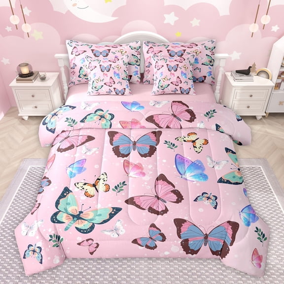 Castle Fairy Boys Girls Flying Colorful Butterflies Bedding Comforter Set 7pcs,Dreamy Princess Queen Bedding Sets Super Cozy,Spring Garden Queen Sheet Sets,Breathable Home Decor,Reversible