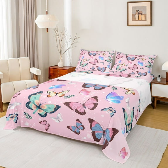 Castle Fairy Boys Girls Flying Colorful Butterflies Full Size Sheets 4-Piece,Dreamy Princess Breathable Bed Sheets,Spring Garden Lightweight Sheet Sets,Breathable Home Decor