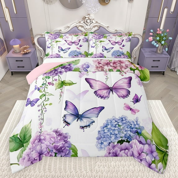 Castle Fairy Boys Girls Flying Purple Butterflies 3 Pieces Queen Comforter Set,Chic Floral Flower Hydrangea Ultra Soft Bedding Sets,Spring Garden Bedding Comforter Set Breathable