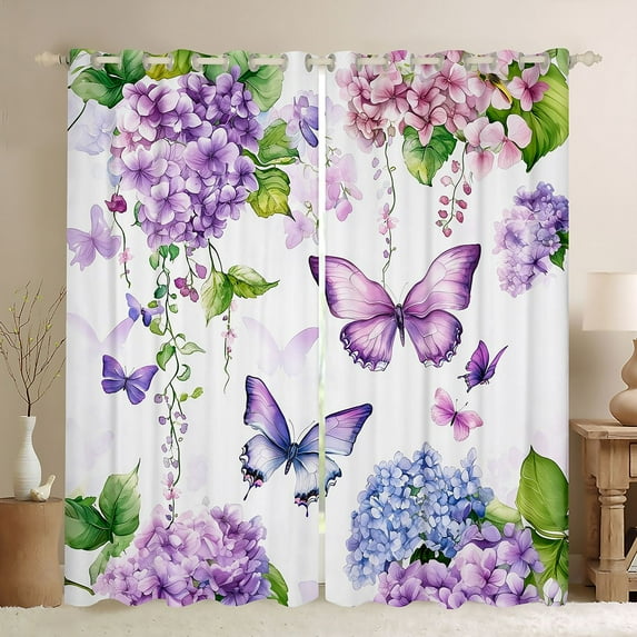 Castle Fairy Boys Girls Flying Purple Butterflies Blackout Curtains Set of 2 (52x84 Each),Chic Floral Flower Hydrangea Window Curtains,Spring Garden Curtains and Drapes,Luxury Bedroom Decor