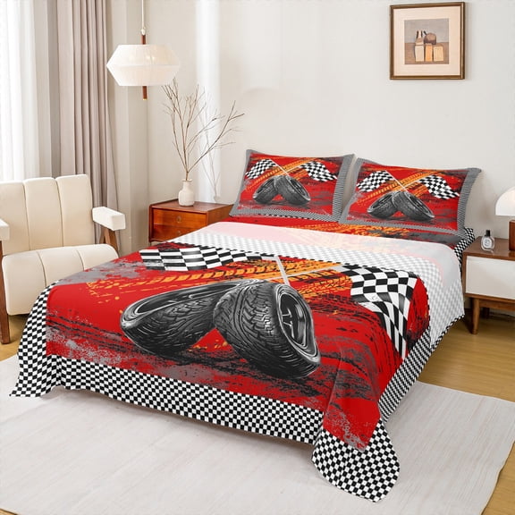 Castle Fairy Boys Girls Geometric Checkered Flag Twin Sheet Sets,Racing Car Bedding