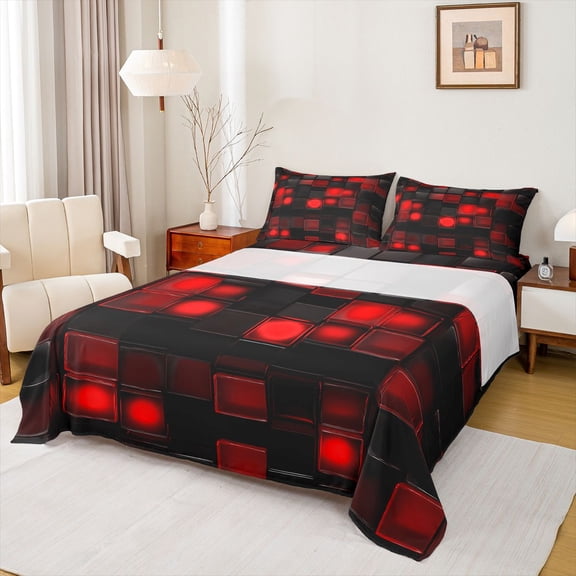 Castle Fairy Boys Girls Geometric Plaid Bed Sheets,Black Red King Sheets