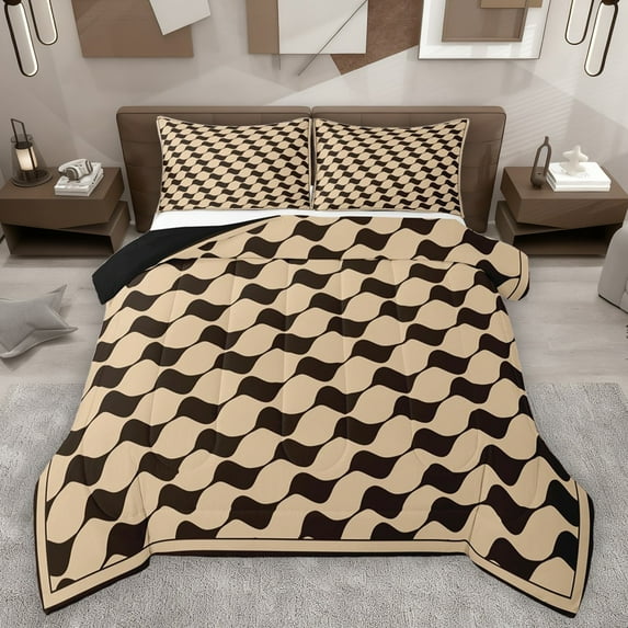 Castle Fairy Boys Girls Geometric Plaid Stripes Bedding Comforter Set 2pcs,Black Brown Twin Comforter Sets Microfiber,Vintage Aesthetic Breathable Bedding Set,Super Cozy Room Decor,Reversible