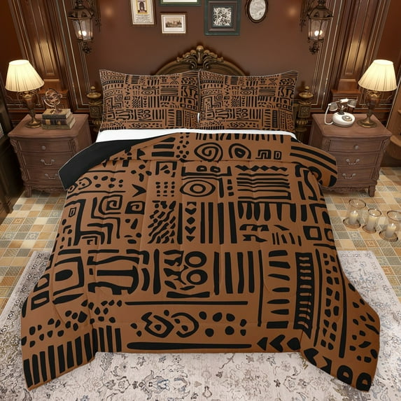 Castle Fairy Boys Girls Geometric Plaid Stripes Bedding Comforter Set 2pcs,Bohemian Theme Twin Comforter Sets Microfiber,Black Brown Breathable Bedding Set,Microfiber Bedroom Decor,Reversible