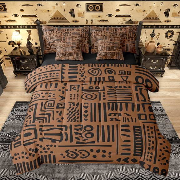Castle Fairy Boys Girls Geometric Plaid Stripes Twin Bedding Sets 7-Piece,Bohemian Theme Bedding Comforter Set Microfiber,Black Brown Breathable Sheet Sets,Microfiber Bedroom Decor,Reversible
