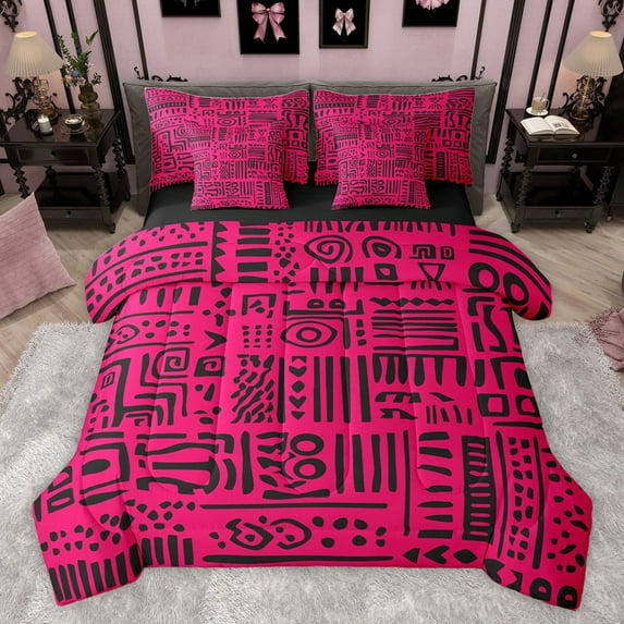 Castle Fairy Boys Girls Geometric Plaid Stripes Twin Bedding Sets 7-Piece,Bohemian Theme Bedding Comforter Set Microfiber,Black Pink Breathable Sheet Sets,Microfiber Bedroom Decor,Reversible