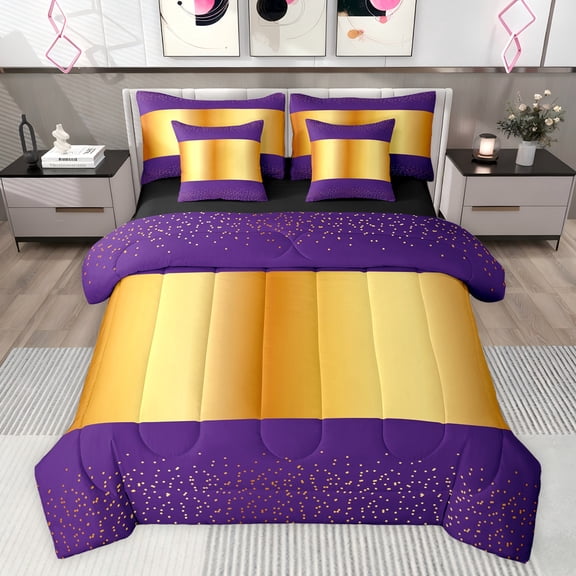 Castle Fairy Boys Girls Gold Polka Dots Twin Bedding Sets 7-Piece,Abstract Wide Stripes Bedding Comforter Set Microfiber,Gradient Luxury Geometric Breathable Sheet Sets,Super Cozy Room Decor