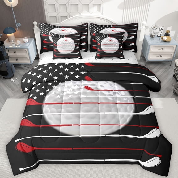 Castle Fairy Boys Girls Golf Print Bedding Comforter Set 7pcs,Abstract USA Flag Queen Bedding Sets Super Cozy,Sport Gamer Theme Queen Sheet Sets,Lightweight Room Decor,Reversible