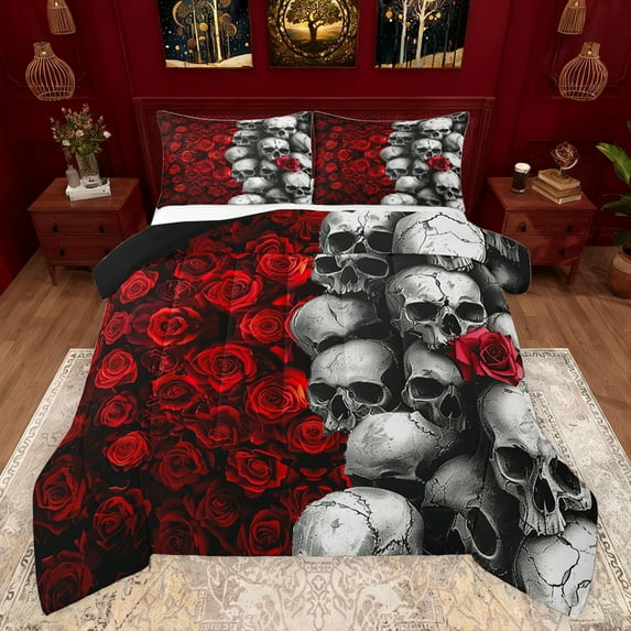 Castle Fairy Boys Girls Gothic Skull Bedding Comforter Set 2pcs,Romantic Floral Red Rose Twin Comforter Sets Microfiber,Happy Valentine's Day Breathable Bedding Set,Super Cozy Room Decor,Reversible