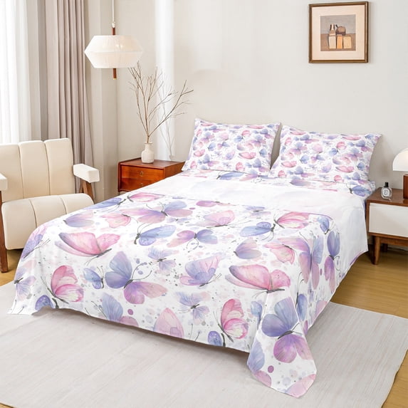 Castle Fairy Boys Girls Gradient Butterflies 4 Pieces Queen Sheet Sets,Dreamy Princess Ultra Soft Flat Sheet,Spring Garden Queen Fitted Sheet,Luxury Bedroom Decor
