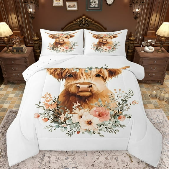 Castle Fairy Boys Girls Highland Cattle Full Size Comforter Sets 3-Piece,Chic Floral Flowers Bedding Comforter Set,Farmhouse Animal Lightweight Bedding Sets,Microfiber Bedroom Decor,Reversible