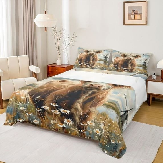 Castle Fairy Boys Girls Highland Cattle Full Size Sheets 4-Piece,Floral Daisy Breathable Bed Sheets,Farmhouse Animal Lightweight Sheet Sets,Microfiber Bedroom Decor