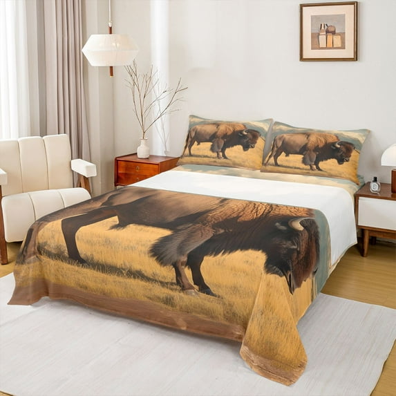 Castle Fairy Boys Girls Highland Cow 4 Pieces Queen Sheet Sets,Farmhouse Animal Ultra Soft Flat Sheet,Vintage Aesthetics Queen Fitted Sheet,Lightweight Room Decor