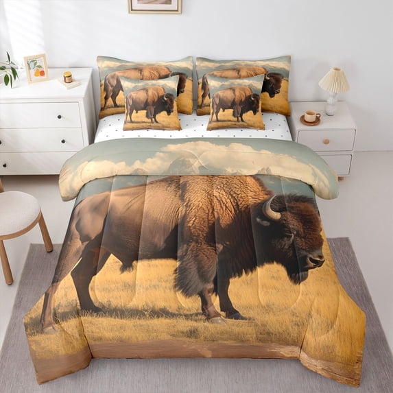 Castle Fairy Boys Girls Highland Cow Bedding Comforter Set 7 Pieces,Farmhouse Animal Full Bedding Set Lightweight,Vintage Aesthetics Fitted Sheet Flat Sheet,Lightweight Room Decor,Reversible