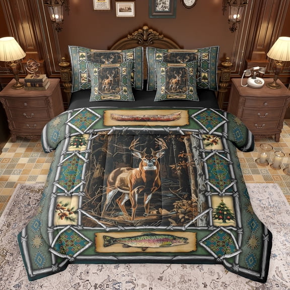 Castle Fairy Boys Girls Jungle Animal Deer Bedding Comforter Set 7 Pieces,Fishing And Hunting Pike Fish Full Bedding Set Lightweight,Tribal Aztec Vintage Aesthetic Fitted Sheet Flat Sheet