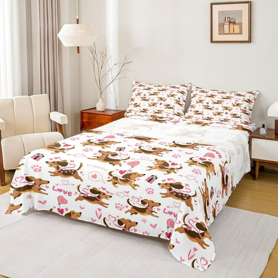 Castle Fairy Boys Girls Kawaii Animal Dachshund 4pcs Bed Sheets,Cute Dog Pet King Sheets,Cartoon Love Heart Super Cozy Sheet Set,Luxury Bedroom Decor
