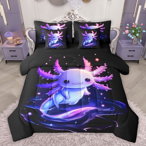 Castle Fairy Boys Girls Kawaii Axolotl Bedding Comforter Set 7-Piece,Cartoon Animal Salamander King Bedding Sets,Abstract Gradient Ombre Ultra Soft Bed Sheets,Microfiber Bedroom Decor,Reversible