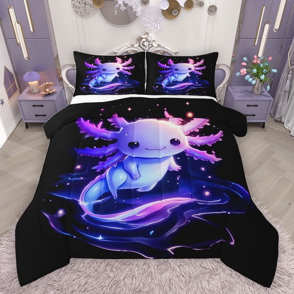 Castle Fairy Boys Girls Kawaii Axolotl Full Size Comforter Sets 3-Piece,Cartoon Animal Salamander Bedding Comforter Set,Abstract Gradient Ombre Lightweight Bedding Sets,Microfiber Bedroom Decor