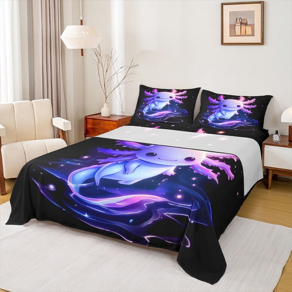 Castle Fairy Boys Girls Kawaii Axolotl Full Size Sheets 4-Piece,Cartoon Animal Salamander Breathable Bed Sheets,Abstract Gradient Ombre Lightweight Sheet Sets,Microfiber Bedroom Decor