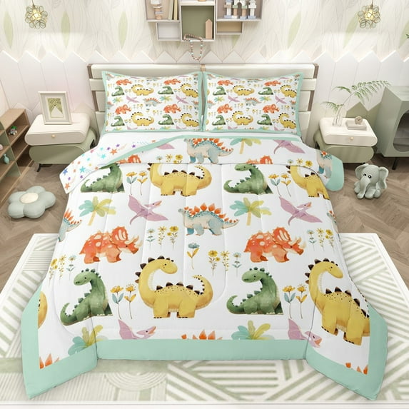 Castle Fairy Boys Girls Kawaii Dinosaurs Bedding Comforter Set 2pcs,Colorful Jungle Animal Twin Comforter Sets Microfiber,Cartoon Flowers Wildlife Breathable Bedding Set,Super Cozy Room Decor