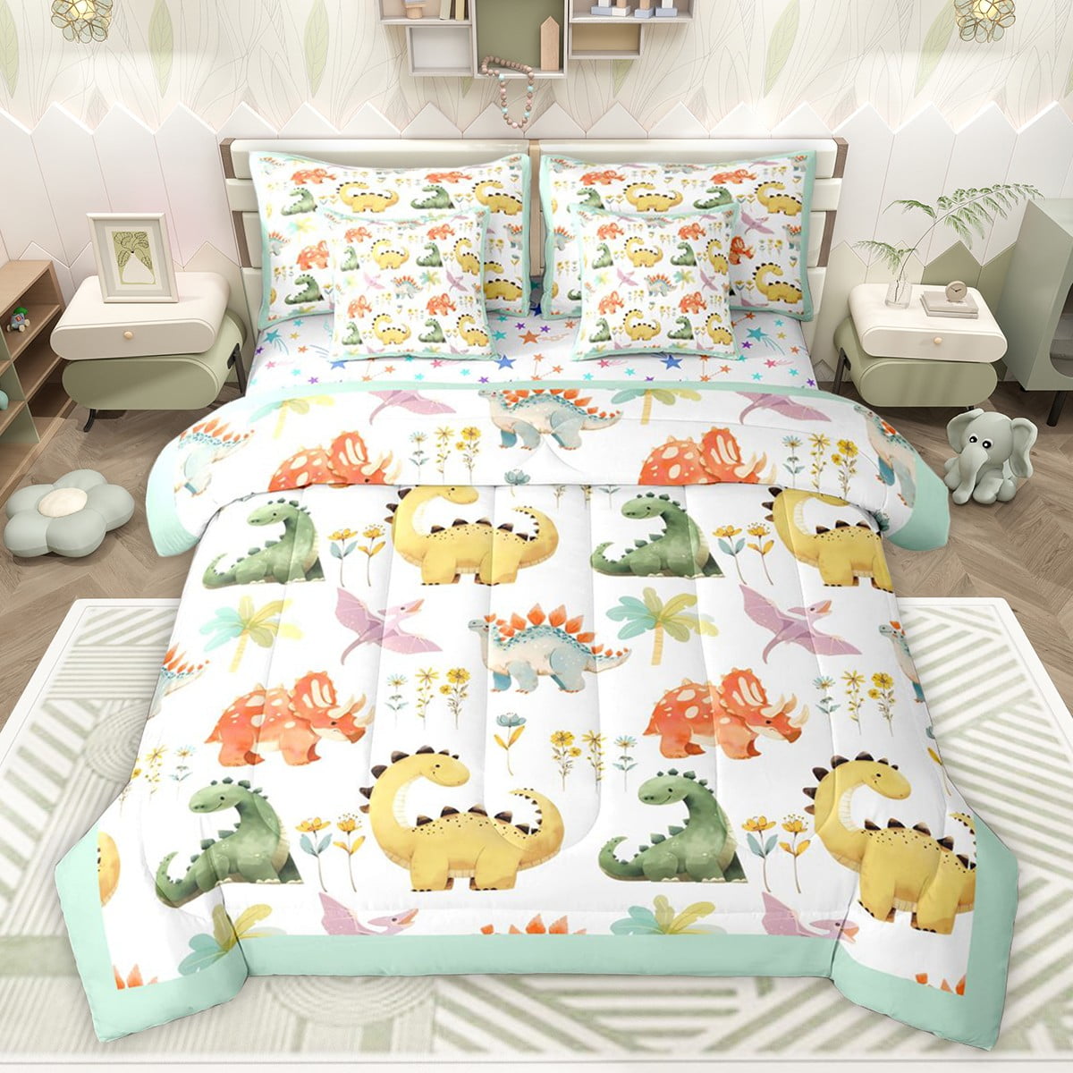 Castle Fairy Boys Girls Kawaii Dinosaurs Bedding Comforter Set 7 Pieces,Colorful Jungle Animal Full Bedding Set Lightweight,Cartoon Flowers Wildlife Fitted Sheet Flat Sheet,Super Cozy Room Decor