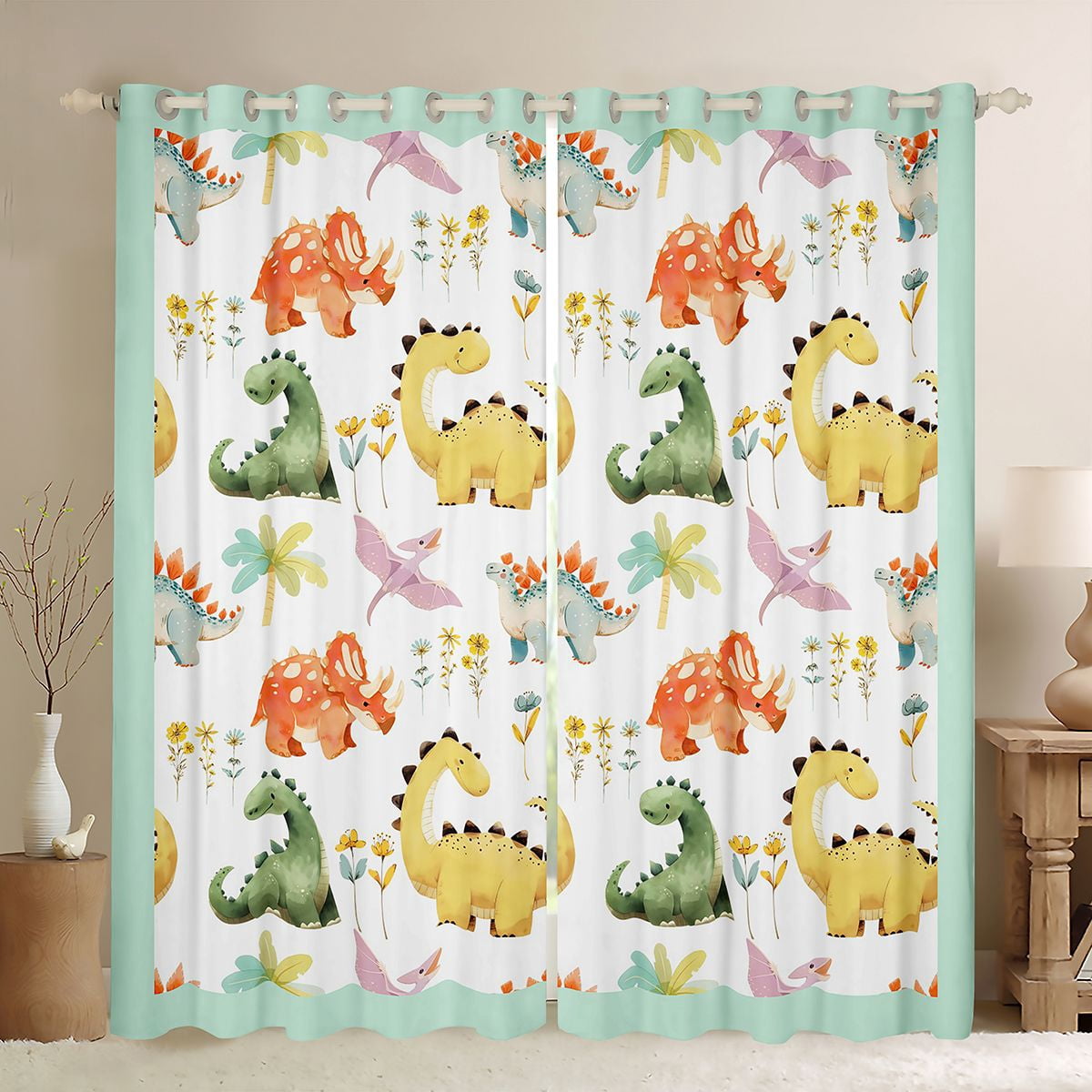 Castle Fairy Boys Girls Kawaii Dinosaurs Curtains Pack of 2 (42x84 Each),Colorful Jungle Animal Curtains Blackout,Cartoon Flowers Wildlife Bedroom Curtains,Super Cozy Room Decor