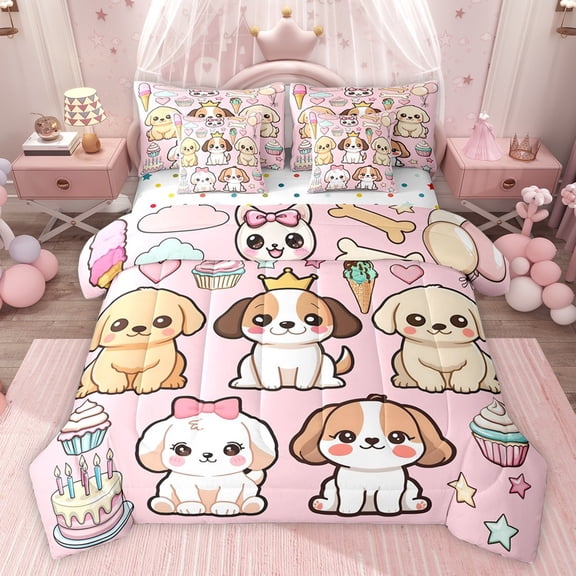Castle Fairy Boys Girls Kawaii Dogs Twin Bedding Sets 7-Piece,Cartoon Animal Pets Bedding Comforter Set Microfiber,Happy Birthday Dessert Breathable Sheet Sets,Microfiber Bedroom Decor,Reversible