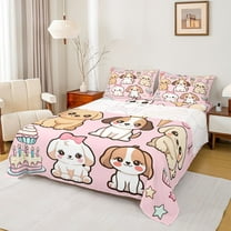Castle Fairy Boys Girls Kawaii Dogs Twin Sheet Sets 3pcs,Cartoon Animal Pets Twin Fitted Sheet Microfiber,Happy Birthday Dessert Breathable Flat Sheet,Microfiber Bedroom Decor