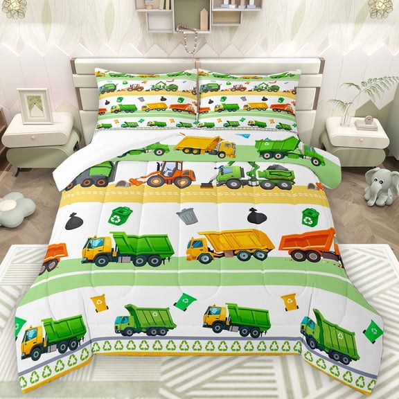 Castle Fairy Boys Girls Kawaii Garbage Truck Full Size Comforter Sets 3-Piece,Construction Vehicles Bedding Comforter Set,Cartoon Car Lightweight Bedding Sets,Breathable Home Decor