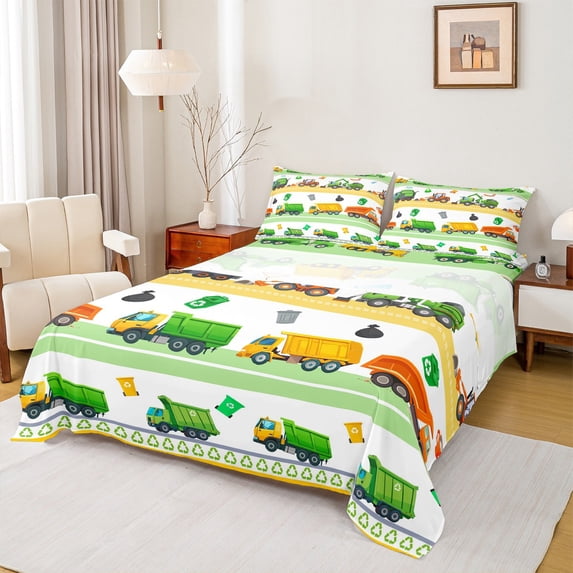Castle Fairy Boys Girls Kawaii Garbage Truck Twin Sheet Sets 3pcs,Construction Vehicles Twin Fitted Sheet Microfiber,Cartoon Car Breathable Flat Sheet,Breathable Home Decor