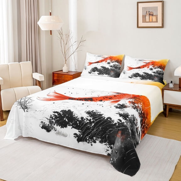 Castle Fairy Boys Girls Koi Fish Bed Sheets,Japanese Style King Sheets