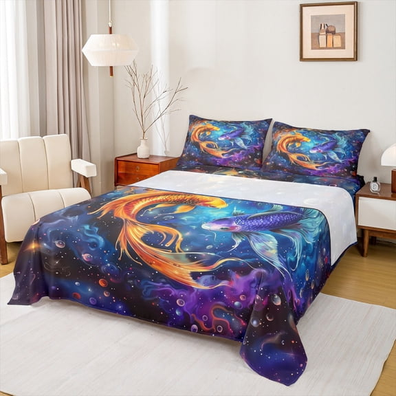 Castle Fairy Boys Girls Koi Fish Twin Sheet Sets,Gradient Cosmos Planet Bedding