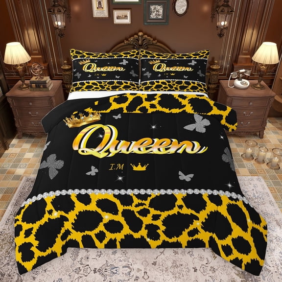 Castle Fairy Boys Girls Leopard Print 3 Pieces Queen Comforter Set,Queen Crown Butterflies Ultra Soft Bedding Sets,Dreamy Princess Bedding Comforter Set Breathable,Microfiber Bedroom Decor