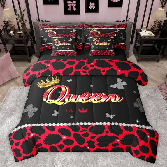 Castle Fairy Boys Girls Leopard Print Bedding Comforter Set 7pcs,Queen Crown Butterflies Queen Bedding Sets Super Cozy,Dreamy Princess Queen Sheet Sets,Microfiber Bedroom Decor,Reversible