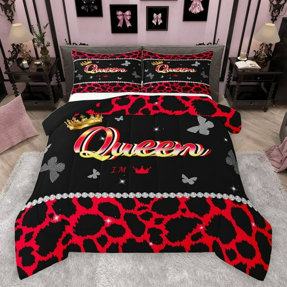 Castle Fairy Boys Girls Leopard Print Full Size Comforter Sets 3-Piece,Queen Crown Butterflies Bedding Comforter Set,Dreamy Princess Lightweight Bedding Sets,Microfiber Bedroom Decor,Reversible