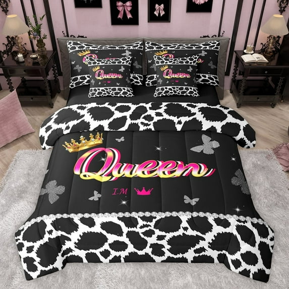 Castle Fairy Boys Girls Leopard Print Twin Bedding Sets 7-Piece,Queen Crown Butterflies Bedding Comforter Set Microfiber,Dreamy Princess Breathable Sheet Sets,Microfiber Bedroom Decor,Reversible