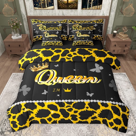Castle Fairy Boys Girls Leopard Print Twin Bedding Sets 7-Piece,Queen Crown Butterflies Bedding Comforter Set Microfiber,Dreamy Princess Breathable Sheet Sets,Microfiber Bedroom Decor,Reversible